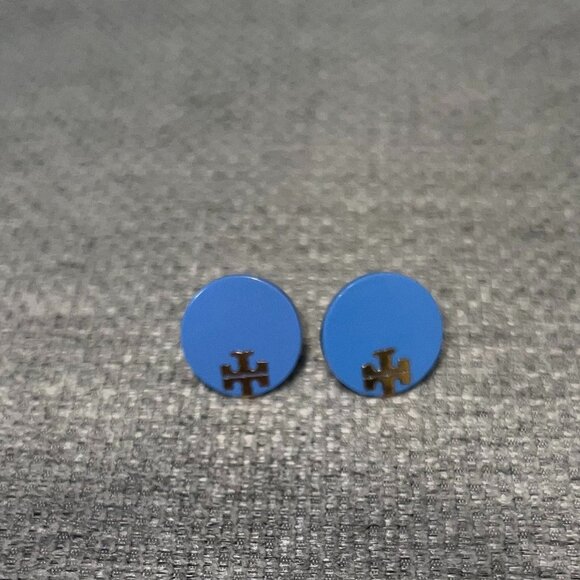 Tory Burch Blue and Gold Enamel Logo Stud Earrings - Picture 2 of 4